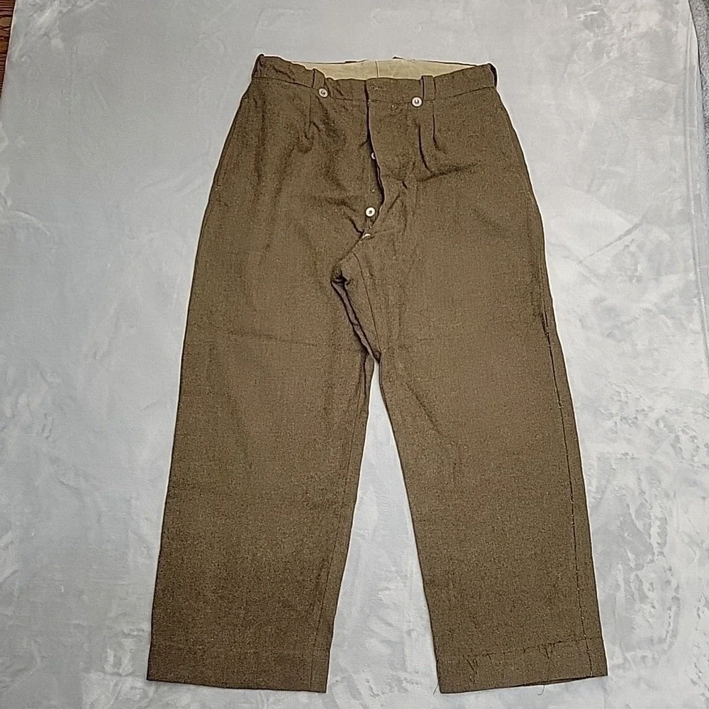 VTG French Military Pants Men 36x28 Brown Wool Service Trousers Button Fly 50s